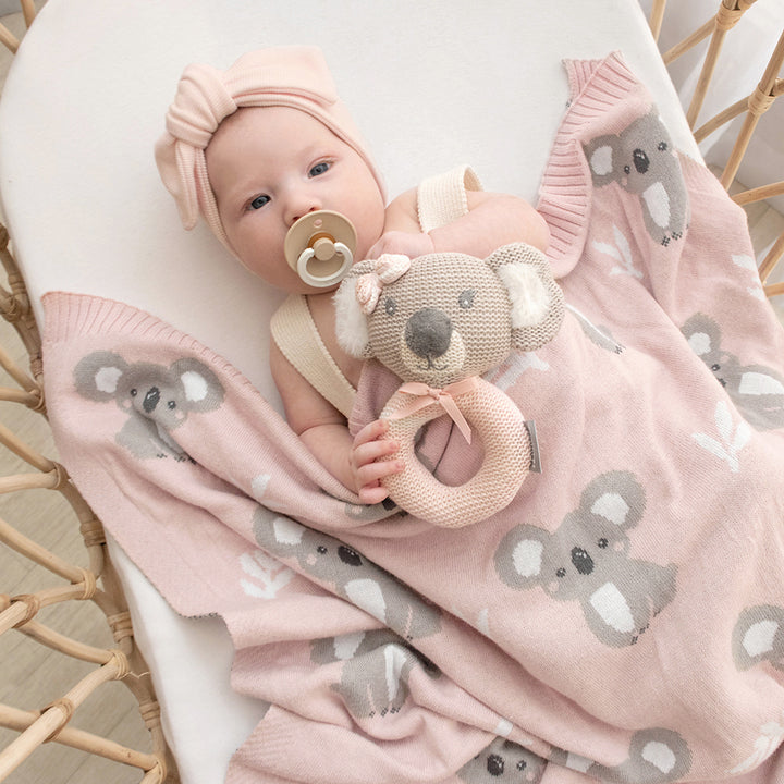 Cotton Knit Australiana Baby Blanket - Blush Koala