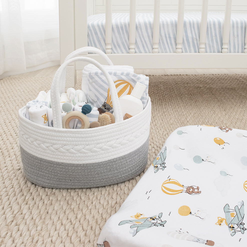100% Cotton Rope Nappy Caddy | Grey/White
