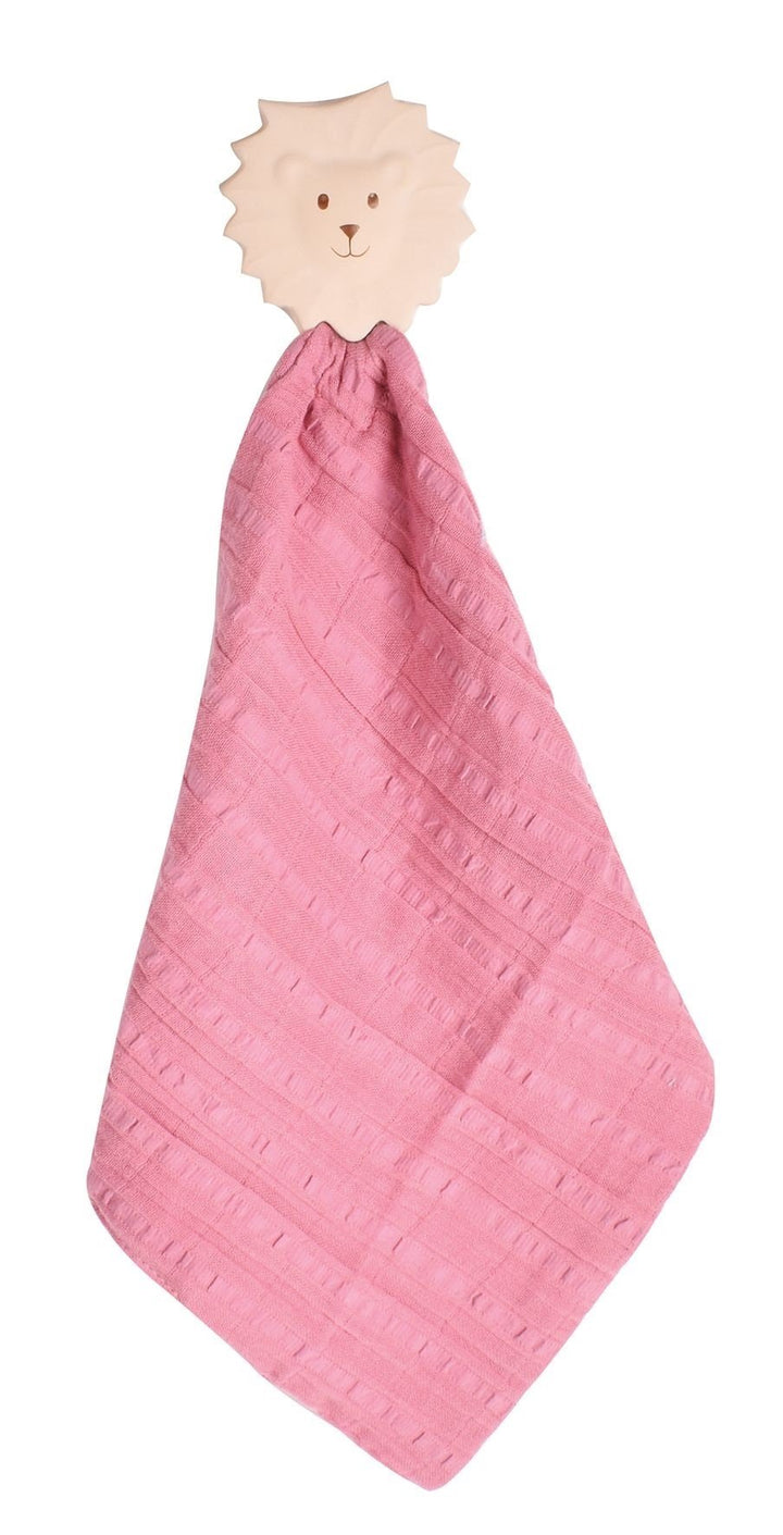 Tikiri Rubber Lion Teether with Dusty Pink Organic Muslin Comforter