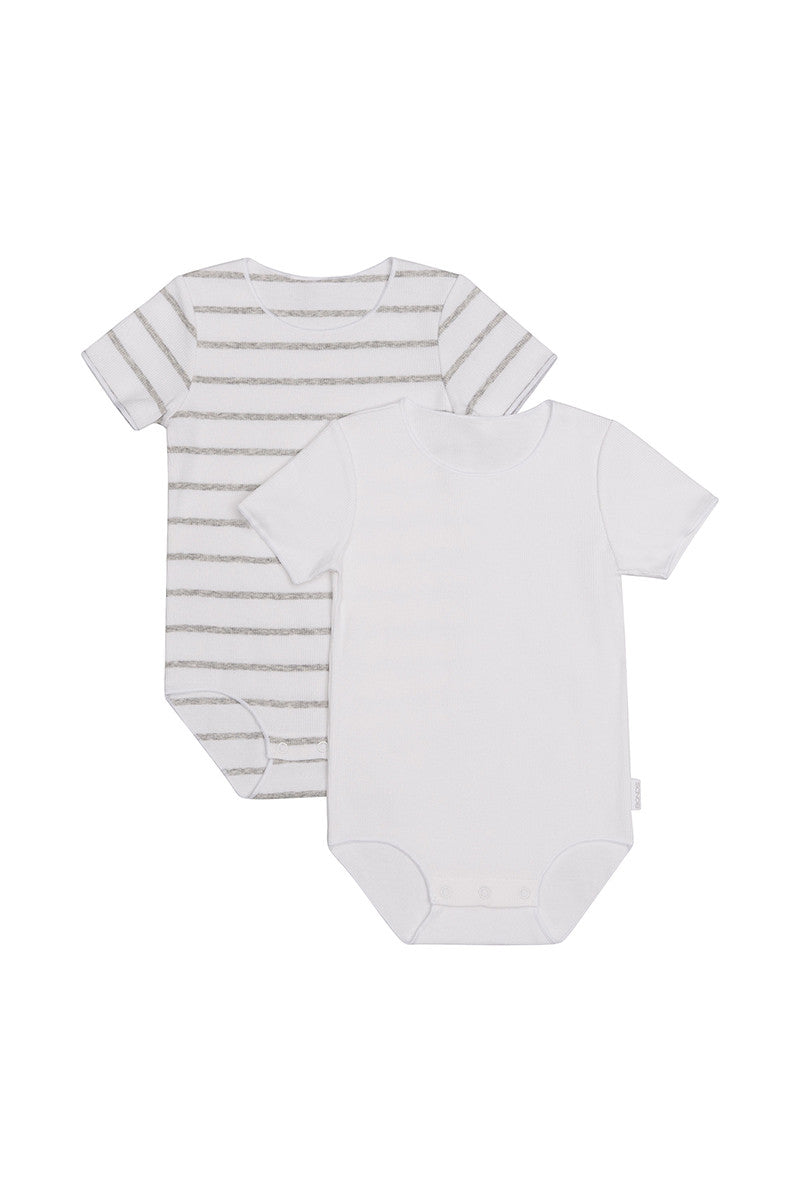 Bonds Baby Ribbed Short Sleeve Bodysuit 2 Pack - White & Grey Stripe