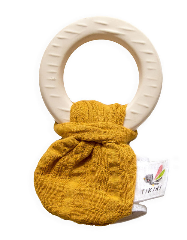 Tikiri Natural Rubber Teether & Crinkle Toy - Mustard Muslin Tie