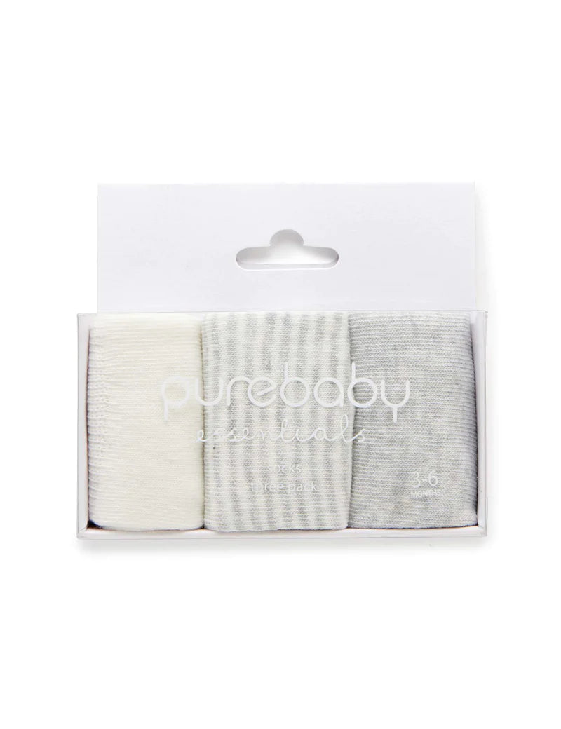 Purebaby Essentials 3 Pair Sock Pack - Grey & White