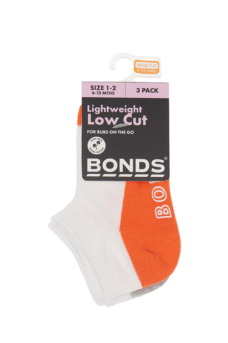 Bonds Baby Logo Light Low Cut Socks 3 Pack | Orange, Grey & Navy