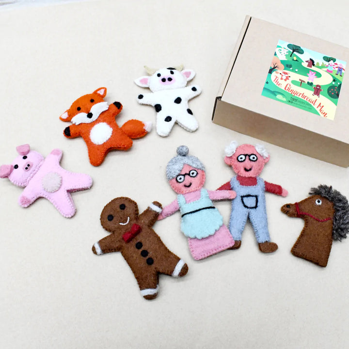 Handmade Felt Finger Puppet Set - Gingerbread Man